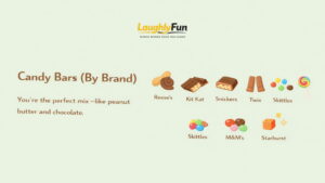 Candy bars (with micro-subheads: Reese’s, Kit Kat, Snickers, Twix, Skittles, M&M’s, Starburst)