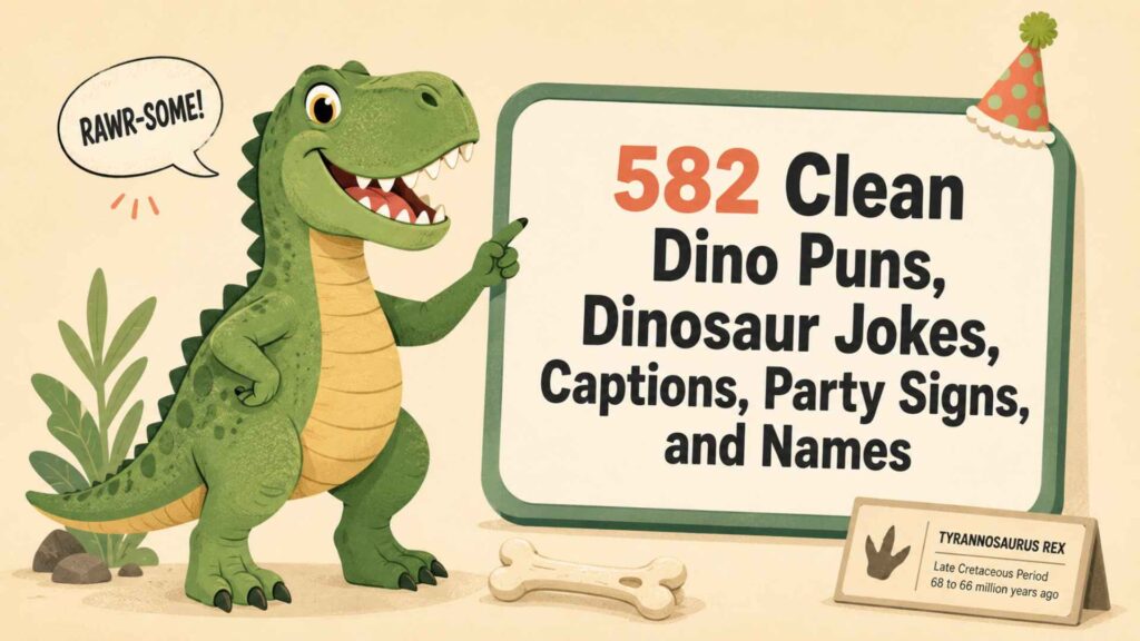 582 Clean Dino Puns, Dinosaur Jokes, Captions, Party Signs, and Names