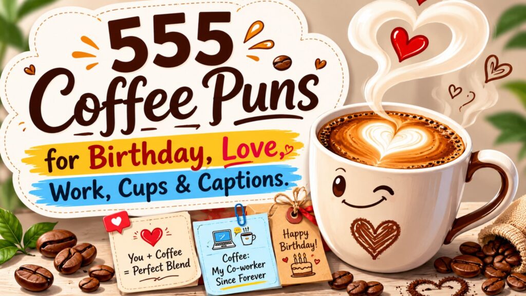 555 Coffee Puns for Birthday, Love, Work, Cups & Captions
