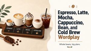Espresso, Latte, Mocha, Cappuccino, Bean, and Cold Brew Wordplay