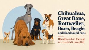 Chihuahua, Great Dane, Rottweiler, Boxer, Beagle, and Bloodhound Puns